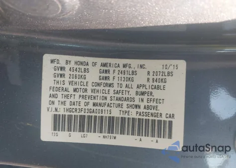 2016 Honda Accord Exl from USA, damaged, VIN 1HGCR3F03GA009115